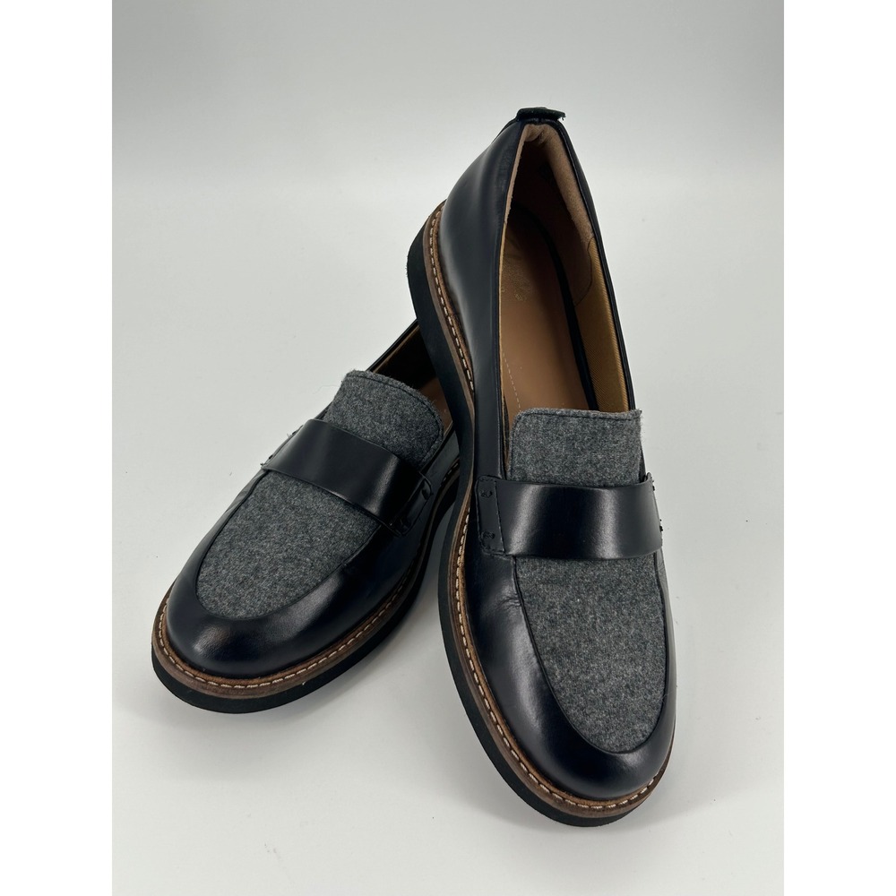 Clarks Artisan Women's 7 Black Leather Gray Wool Penny Loafers Oxford Preppy
